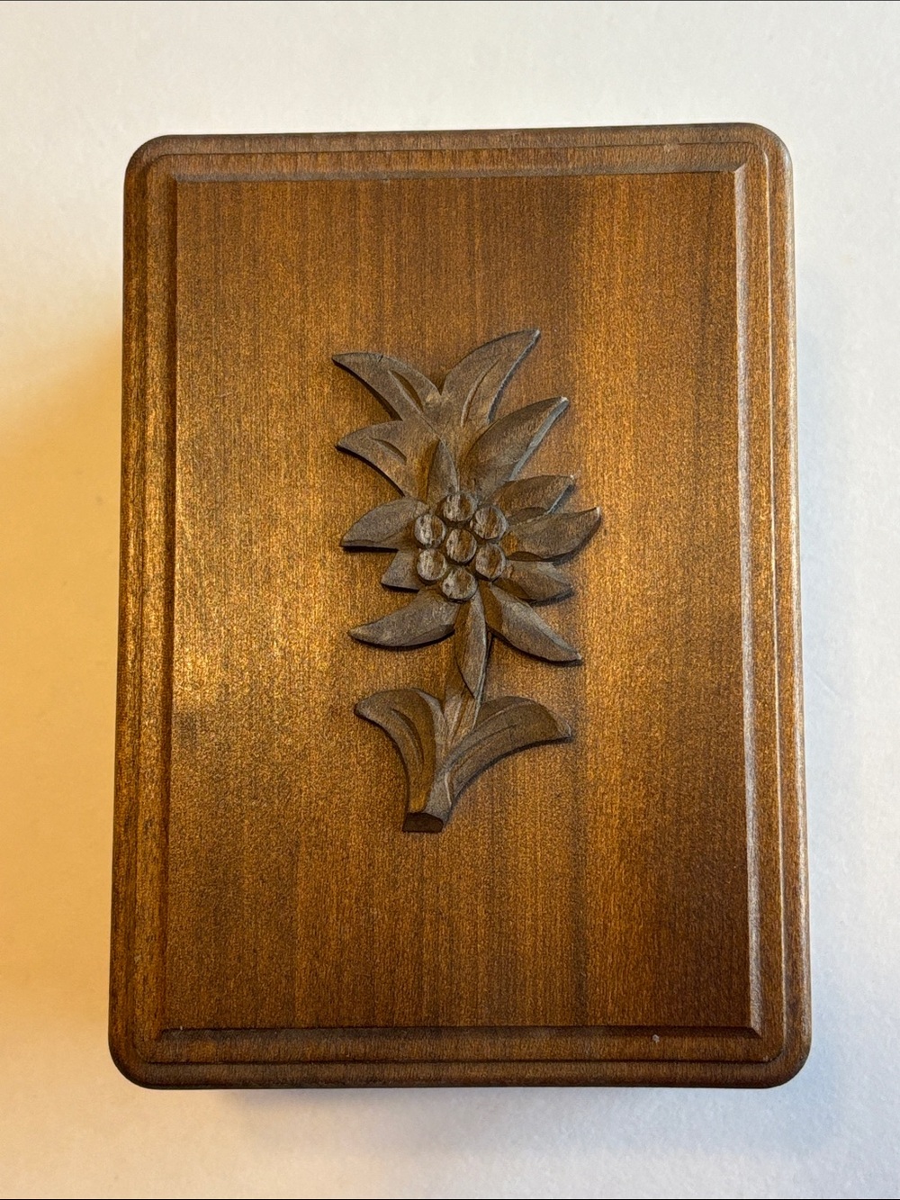 Carved Wooden Music Box with Floral Relief - Warm Brown